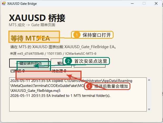 XAUUSD 桥接安装器窗口标注图
